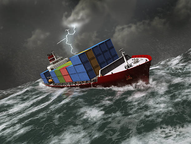 Cargo ship on a stormy sea stock photo