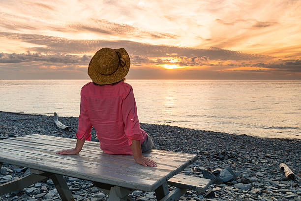 istock Woman looking at sunset, sitting on picnic table 519550460