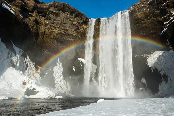 Photo of Winter landscape, famous Skogafoss waterfall with rainbow, Iceland