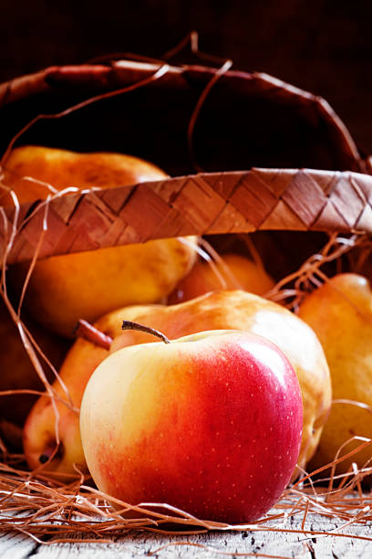 rouges et jaunes mûres pommes et de poires - food wood vibrant color close up photos et images de collection