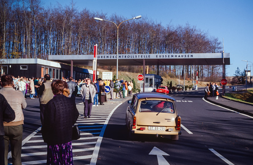 Eussenhausen/Mellrichstadt, Germany - November 12, 1989: flashback in time - old Dia Scans, see the border DDR to West Germany short after the opening. Trabbant cars and people welcoming people. No EXIF Data from Dia Scans!