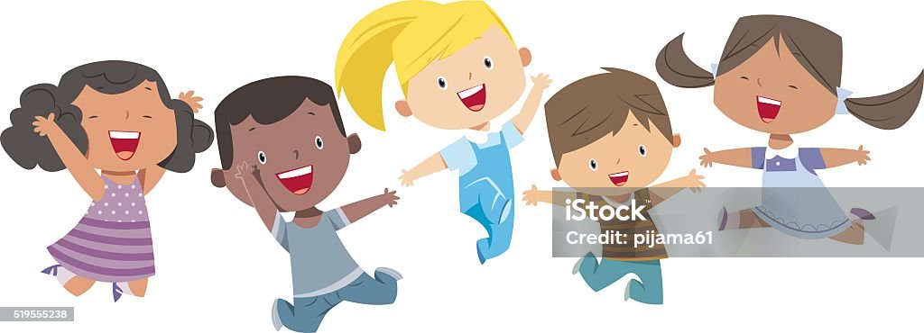 Ilustración de Niños Felices De Dibujos Animados y más Vectores Libres de  Derechos de Niño - Niño, Felicidad, Saltar - Actividad física - iStock