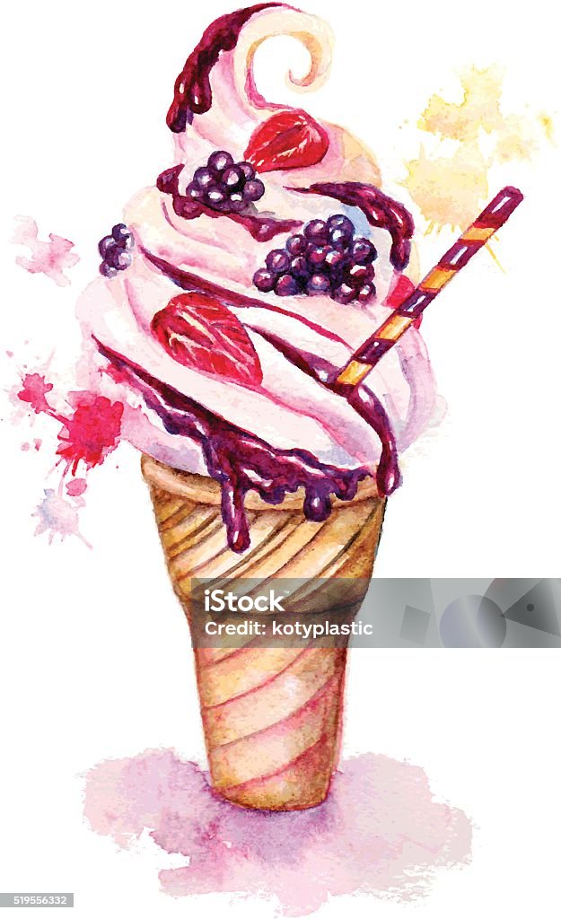 Watercolor icecream with berries Vector illustration with watercolor icecream with blackberry and strawberry Watercolor Painting stock vector