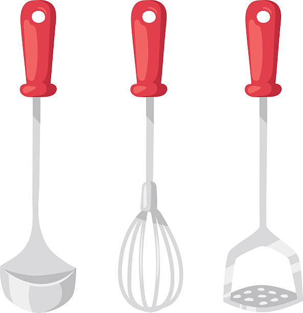 Kitchen ladle cooking home culinary silver equipment flat vector illustration Set of kitchen metal ladle and cooking kitchen ladle. Kitchenware utensil cooking tool domestic steel stainless kitchen ladle equipment. Kitchen ladle cooking equipment flat vector illustration. clip art of a potato masher stock illustrations