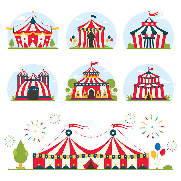 kreskówka, namiot cyrkowy z paskami i flagi odcięte. idealne dla - circus circus tent carnival tent stock illustrations