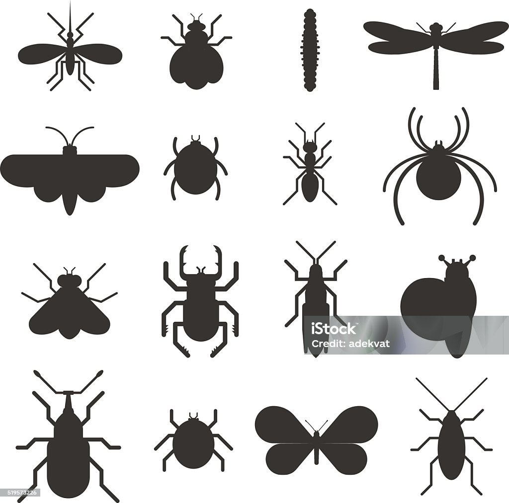 Insect icon black silhouette  flat set isolated on white background Insect icons black silhouette flat set isolated on white background. Insects flat icons vector illustration. Nature flying insects isolated icons. Ladybird, butterfly, beetle vector ant. Vector insects Insect stock vector