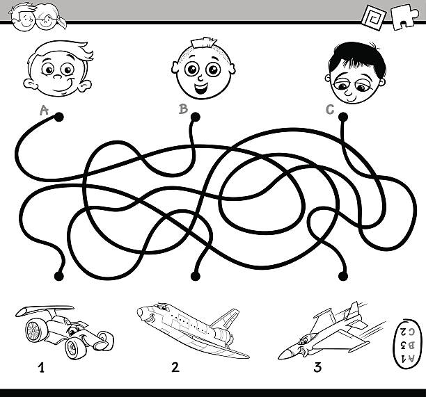 ilustrações, clipart, desenhos animados e ícones de labirinto atividade para colorir - airplane black and white fun child