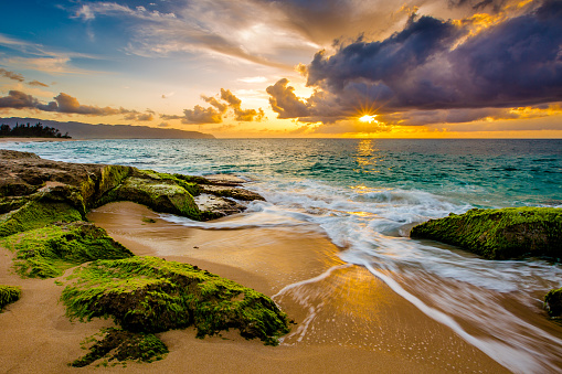 A gorgeous sunset along the coast of Oahu's North Shore in Hawaii