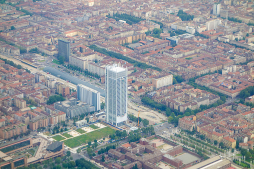 aerial view on the city centre of The Hague just before sunset; The Hague, Netherlands