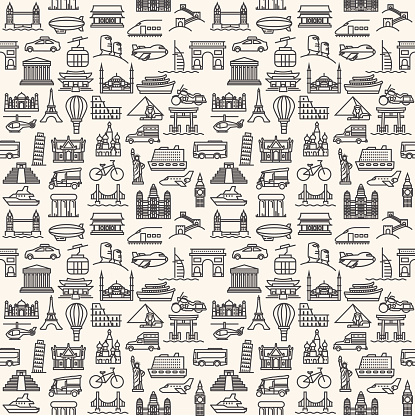 Seamless vector Wallpapers or background travel, vacation, famous places Transportation and Vehicles icons