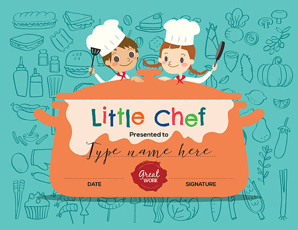 Kids Cooking class certificate design template Kids Cooking class certificate design template with little chef cartoon illustration chef borders stock illustrations