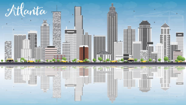 Atlanta Skyline With Gray Buildings Blue Sky And Reflections-vektorgrafik  och fler bilder på Atlanta - iStock
