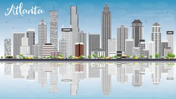 Vector illustration of Atlanta Skyline with Gray Buildings, Blue Sky and Reflections.