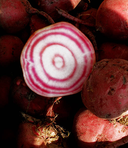 Red striped beets at farmers market