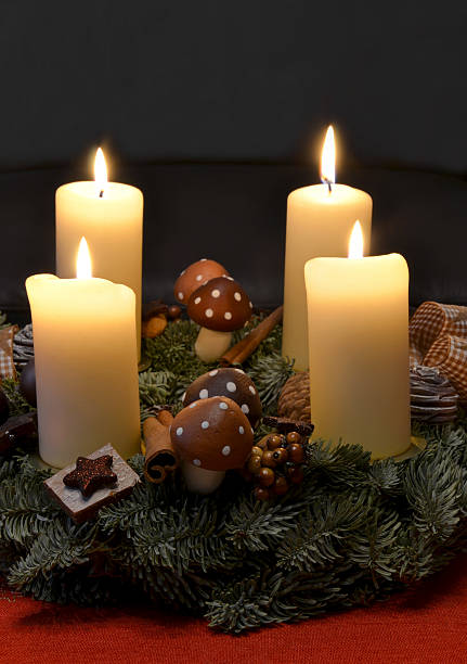 Advent wreath Candles,christmas, advent, advent wreath, wreath, flower arrangement, candles, candlelight, candle wax, wax, fire, burning, christmas time, advent, table, decoration, 4 advent, mushrooms, ribbon, fir, Nordmann fir, fir tree, bind, gardener, florist, floristry humor weihnachsstimmung, christmas eve, christmas holiday, living room, december, rooms, winter, christmas, flame, vertical, star, cinnamon sticks, tradion, firm, celebrate, religion, catholic, also customs, custom, light, dry flower arrangement, dried flowers, fir, christmas tree advent candle wreath adventskranz stock pictures, royalty-free photos & images
