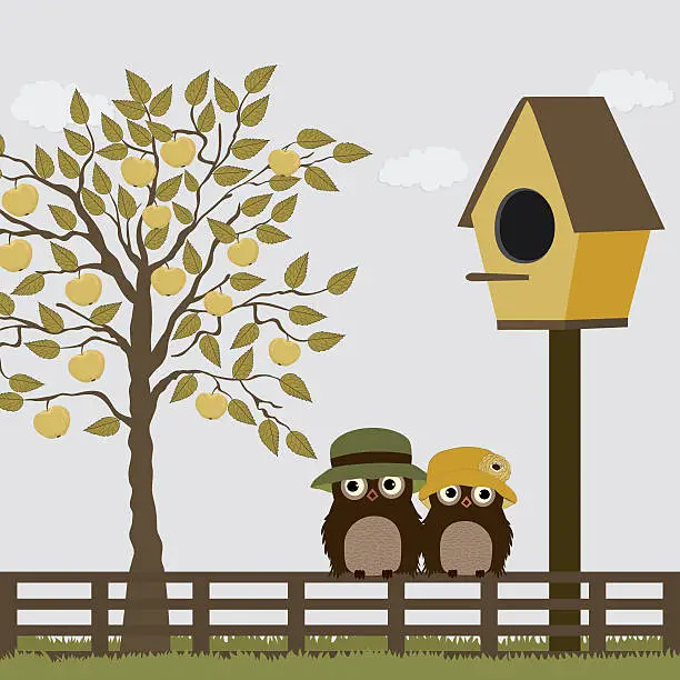 Vector illustration of Cute owls on a fence with birdhouse and apple tree