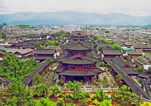 aerial view of ancient mu palace in lijiang, china, stylized and filtered to look like an oil painting