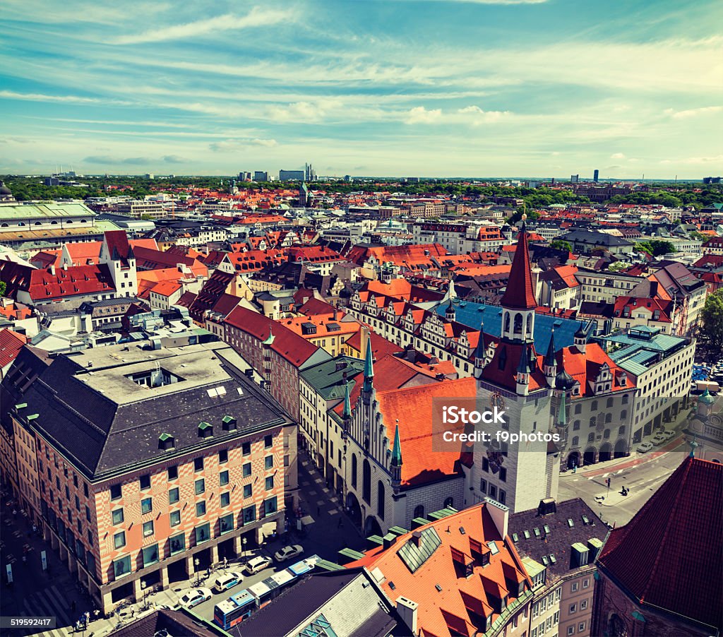 Aerial view of Munich Vintage retro effect filtered hipster style travel image of aerial view of Munich - Marienplatz and Altes Rathaus, Bavaria, Germany Aerial View Stock Photo