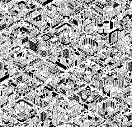 City Urban Blocks Seamless Pattern (Large) in isometric projection is hand drawing with perimeter blocks, courtyards, streets and traffic. Illustration is in eps8 vector mode, pattern is repetitive.