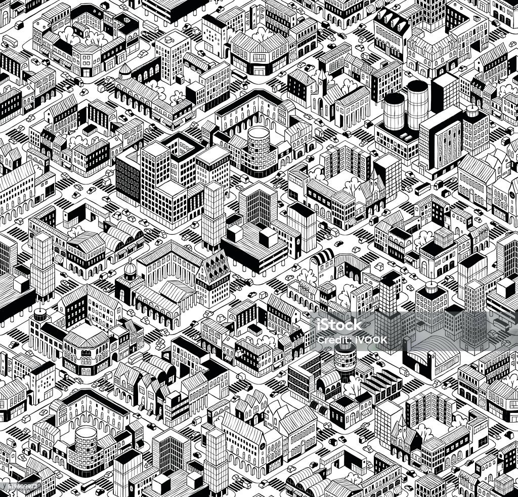 City Urban Blocks Isometric Seamless Pattern - Large City Urban Blocks Seamless Pattern (Large) in isometric projection is hand drawing with perimeter blocks, courtyards, streets and traffic. Illustration is in eps8 vector mode, pattern is repetitive. City stock vector