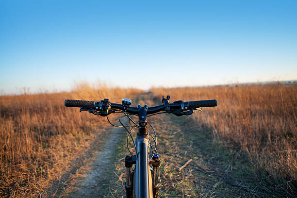 istock Mountain biking down hill descending fast on bicycle. View from 519610986