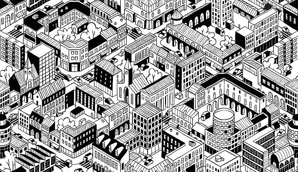 City Urban Blocks Isometric Seamless Pattern - Small vector art illustration