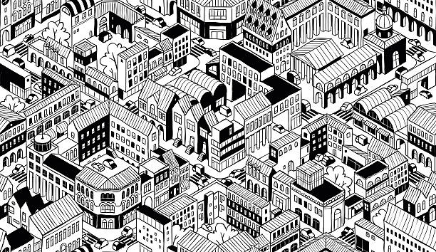 City Urban Blocks Isometric Seamless Pattern - Small vector art illustration