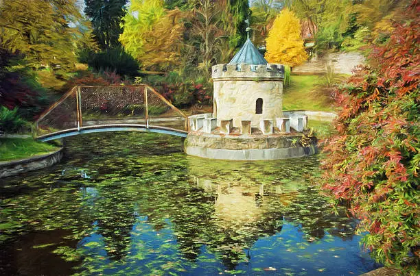 Photo of Turret in Bojnice, Slovakia, autumn park, illustration