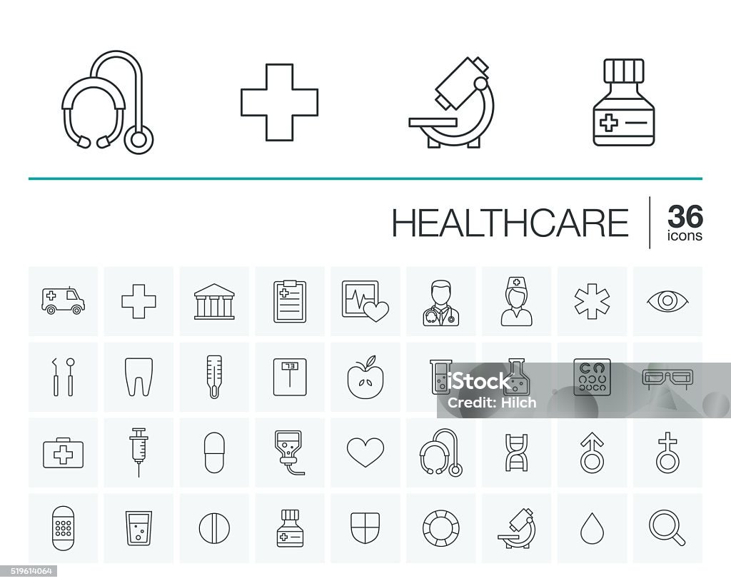 Medicine and healthcare vector icons Vector thin line icons set and graphic design elements. Illustration with medical, medicine and healthcare outline symbols. Dentist, health, ambulance, care, doctor, pills, cross linear pictogram Icon Symbol stock vector