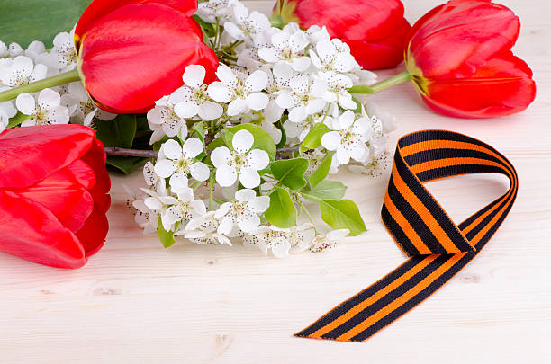 May 9, flowering cherry branch with tulips and St. George ribbon