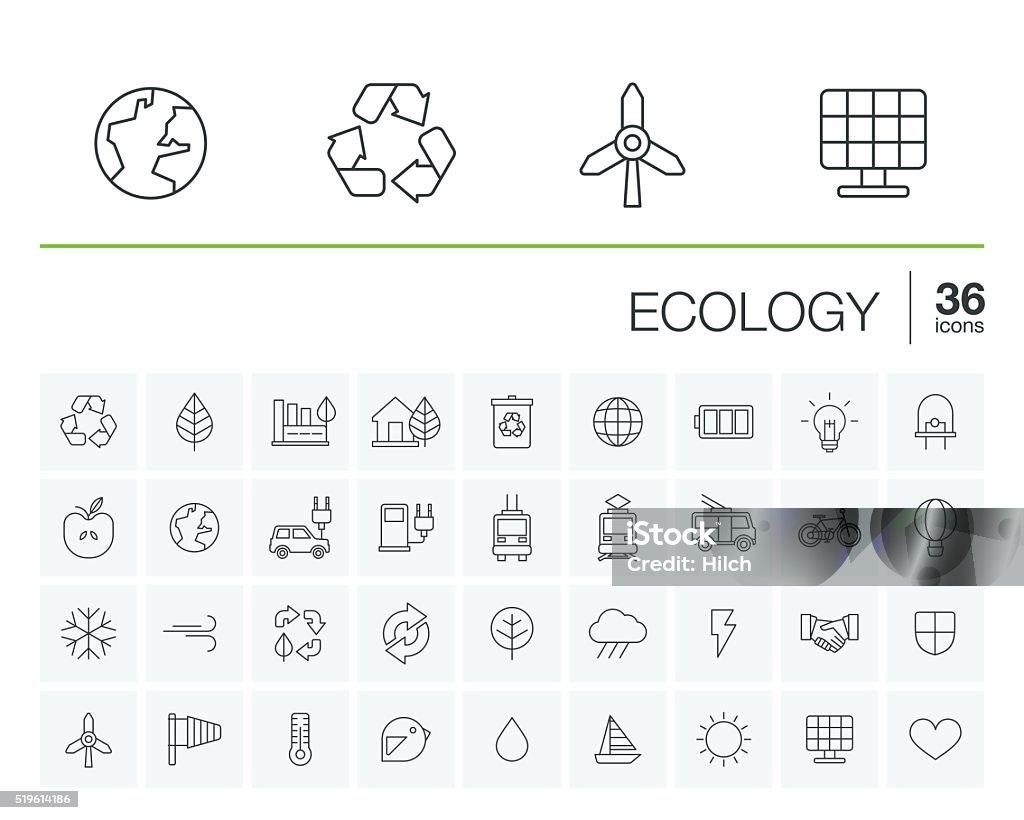 Ecology and environmental vector icons Vector thin line icons set and graphic design elements. Illustration with ecology outline symbols. Eco, bio, environmental, wind power, recycle linear pictogram Environmental Conservation stock vector