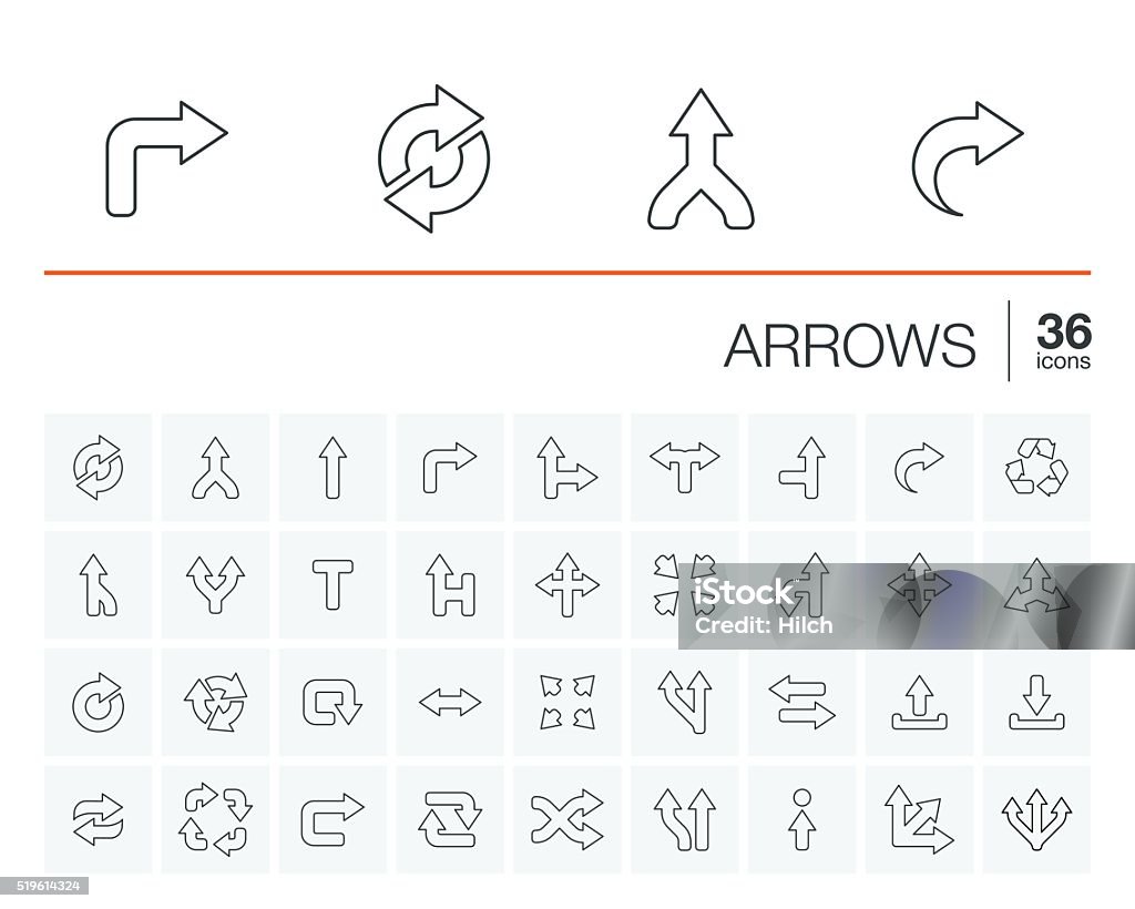 Arrows and direction vector icons Vector thin line icons set and graphic design elements. Illustration with arrows, direction and move outline flat symbols. Turn left, right, switch, undo linear pictogram Activity stock vector