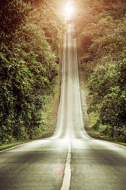 pendiente montaña carretera con el sol de khao yai, tailandia - middle of road fotografías e imágenes de stock