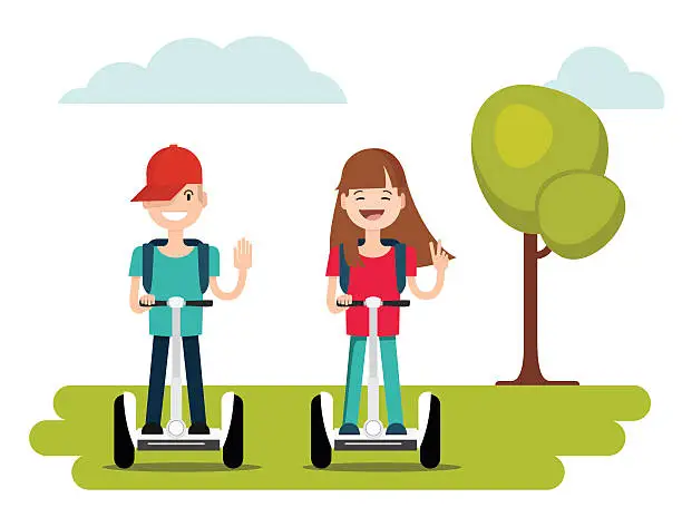 Vector illustration of Kids riding segway and gesturing peace sign.