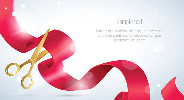 Grand opening card with red ribbon, gold scissors bokeh background. Grand opening concept. Scissors cut the ribbon. Grand opening card with red ribbon, gold scissors bokeh background. Vector illustration scissors cutting wrapping paper stock illustrations