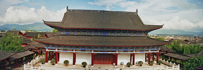 panoramic photo of one of the main buildings of palace in lijiang, china,  stylized and filtered to look like an oil painting