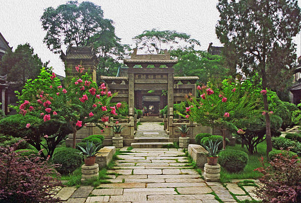 Garden and ornamental courtyard in the Great Mosque complex, Xi'an, China, stylized and filtered to resemble an oil painting