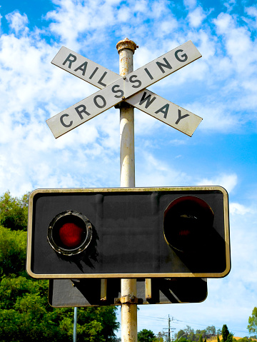 Railway crossing sign on blue sky background