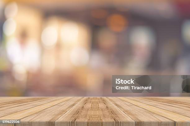 Wooden Board Empty Table Blur In Coffee Shop Stock Photo - Download Image Now - Backgrounds, Table, Wood - Material