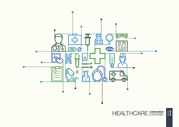 Healthcare integrated thin line symbols Healthcare integrated thin line symbols. Modern linear style vector concept, with connected flat design icons. Abstract illustration for medical, health, care, medicine, network and global concepts. hospital patterns stock illustrations
