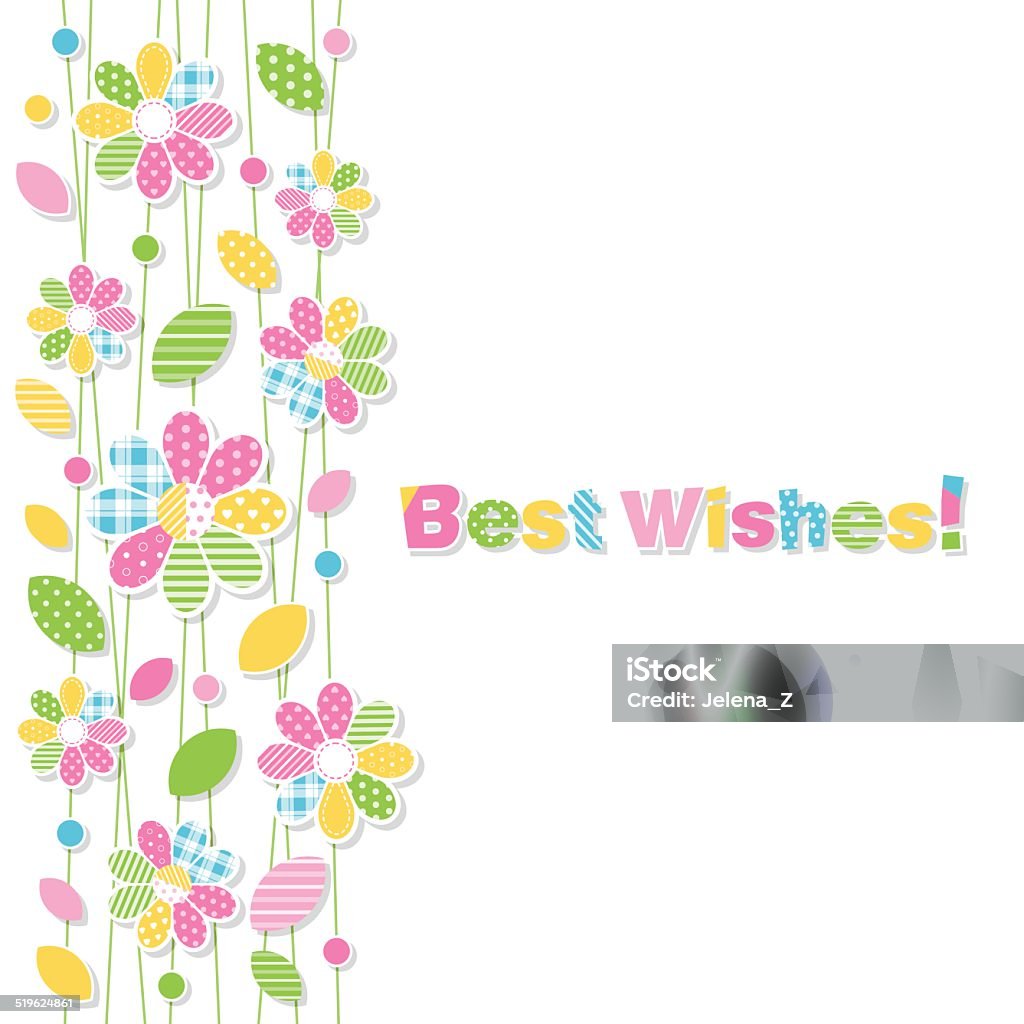 best wishes flowery greeting card illustration of colorful patterned flowers leaves dots and branches with best wishes text on white background Border - Frame stock vector