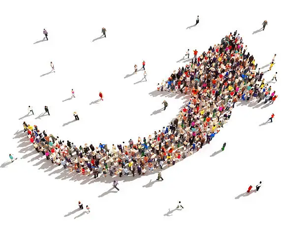 Large group of people in the shape of an arrow pointing up symbolizing direction , progress or growth.