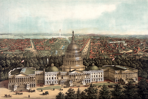 This 1871 vintage illustration shows an aerial view of Washington, D.C.