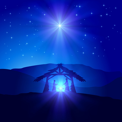 Christian Christmas scene with birth of Jesus and shining star on blue sky, illustration.