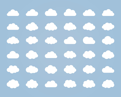 Big vector set of thirty-six white cloud  shapes, cloud icons for web and app, for cloud computing and so on