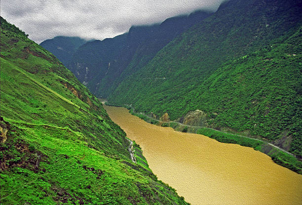 leaping tiger gorge, yunnan, china, oil paint stylization stock photo