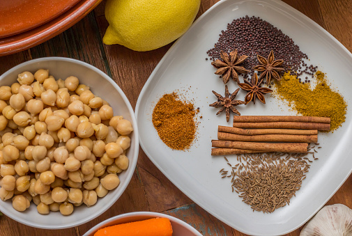 Moroccan spices, lemon, chick peas, star anise, cinnamon, mustard seed