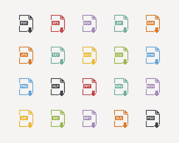 ilustrações, clipart, desenhos animados e ícones de vector conjunto de etiquetas de documento formatos de arquivo e ícones de cores - pdf symbol document icon set