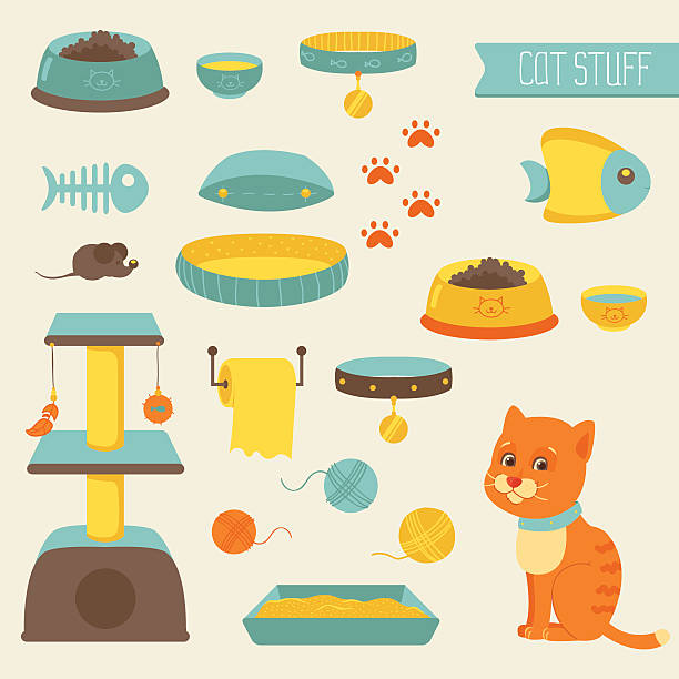 Cat stuff collection, cat toys, cat food Set of cat stuff icons breaded stock illustrations