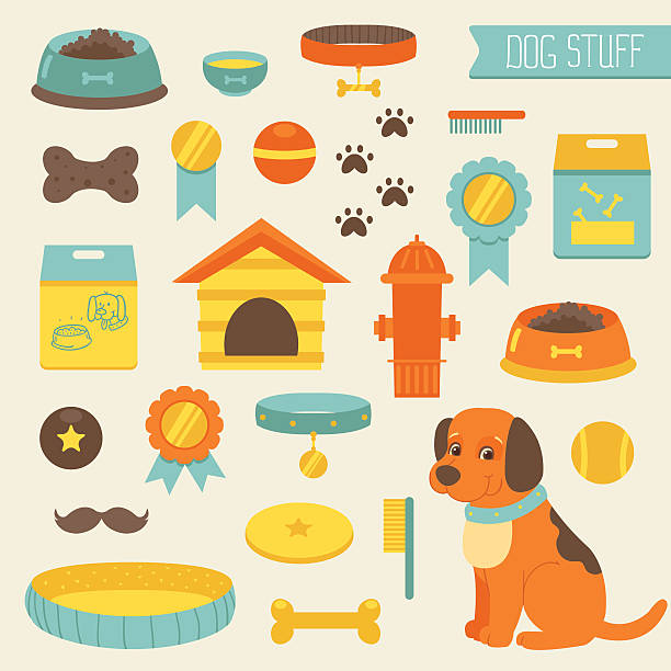 Dog stuff collection,dog toys, dog food, doghouse Set of dog stuff icons locket stock illustrations